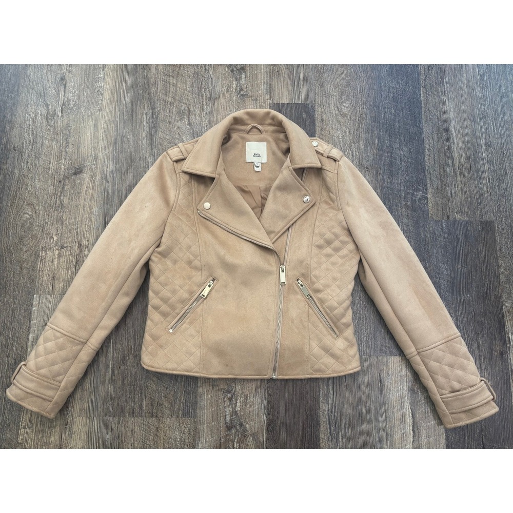 River Island Womens Tan Faux Suede Quilted Biker Jacket Size US 6 UK 10 Beige